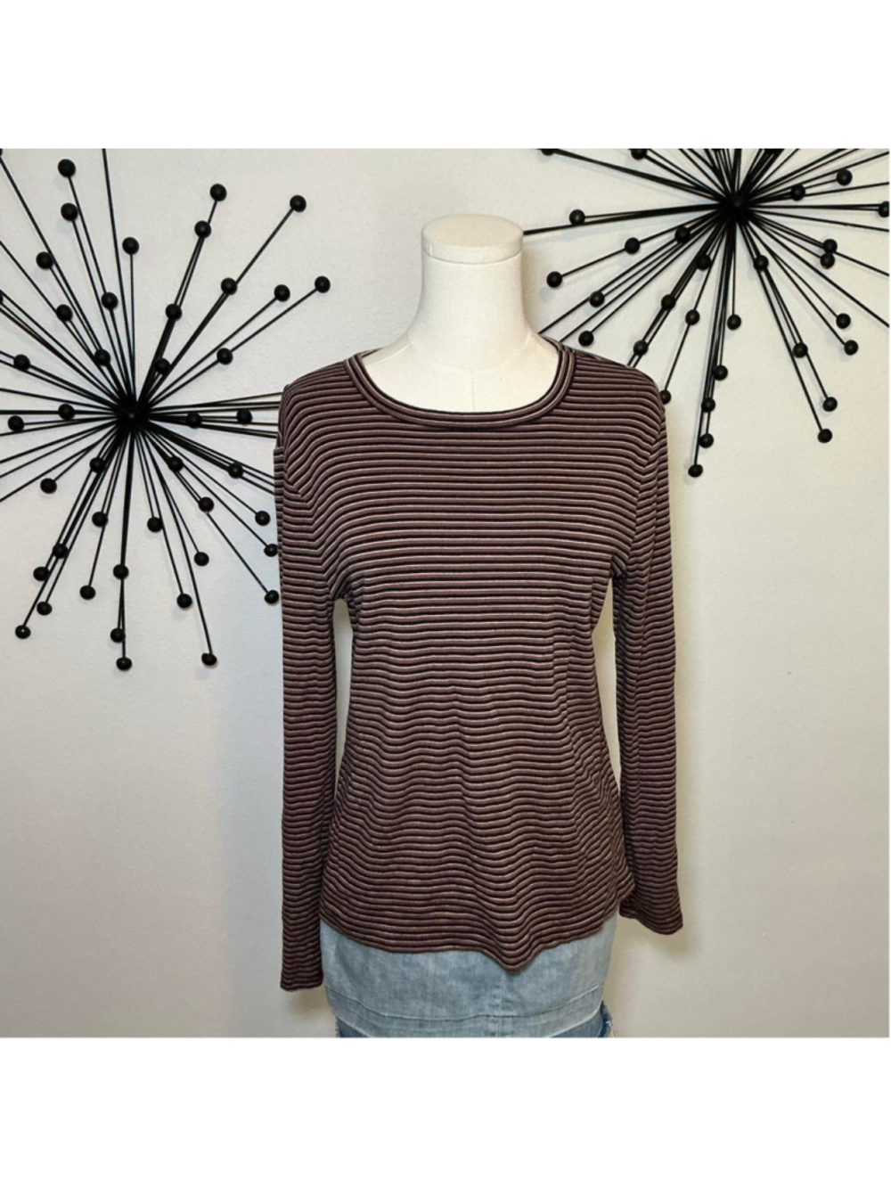 A New Day Brown Navy Striped Long Sleeve Tee Women’s Large Soft Casual Basic - Picture 1 of 4